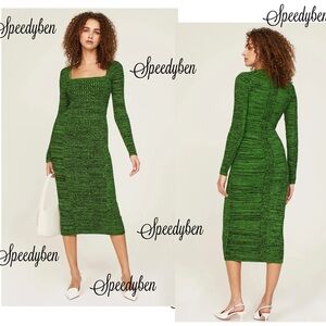 Ganni Melange Kelly Green Ribbed Knit Midi Dress Size X-Small